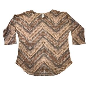 Agate Womens Large Chevron Geometric Knit Top Brown Tan 3/4 Sleeve Made USA